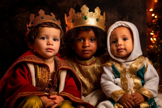 Foto crianças vestidas como os três reis criados com tecnologia de ia generativa