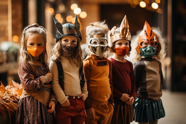 Foto crianças vestindo fantasia de super-heróis de halloween com máscara facial fofa