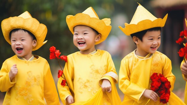 Crianças vietnamitas de Ano Novo em trajes tradicionais amarelos