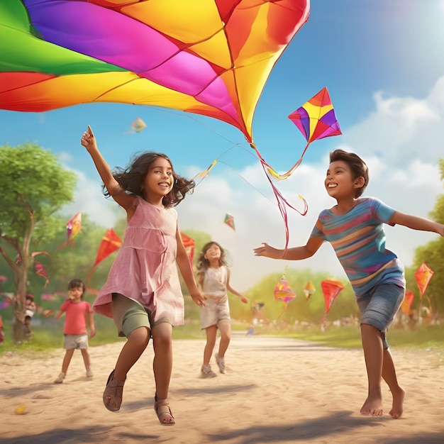 Crianças voando papagaios adornados com cores vibrantes