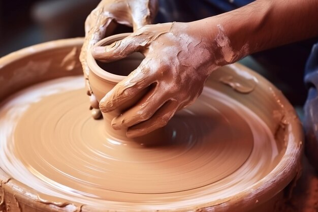 Criando obras de arte de barro usando a roda de oleiro isolada em um fundo branco