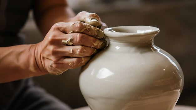 Criando um jarro ou vaso de barro branco de perto