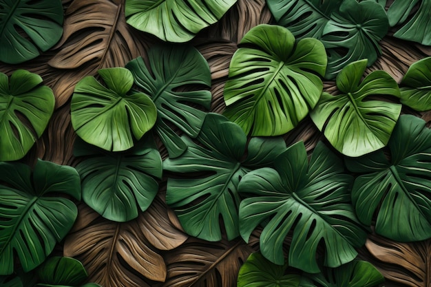 Foto criando uma cena natural e animada com folhas de monstera vibrantes em um painel de madeira texturizado