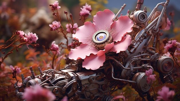 Foto criar um jardim onde as flores e plantas são substituídas por intrincadas flores mecânicas e robóticas