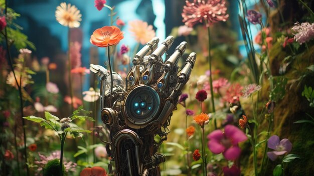 Foto criar um jardim onde as flores e plantas são substituídas por intrincadas flores mecânicas e robóticas