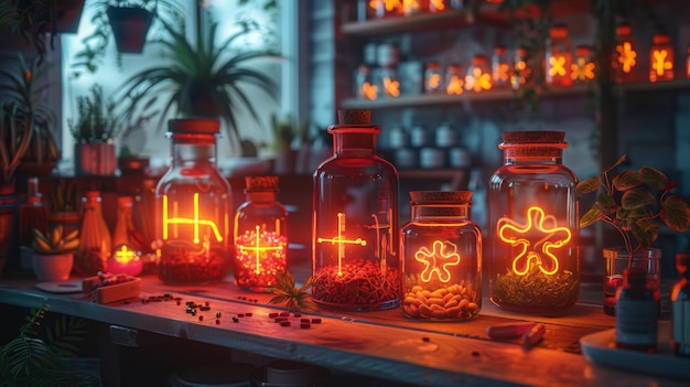 Criar uma exibição de néon de símbolos de saúde holísticos com iluminação