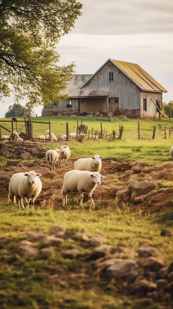 Criar uma imagem calorosa e convidativa de uma fazenda com uma variedade de celeiros de gado e espaços abertos