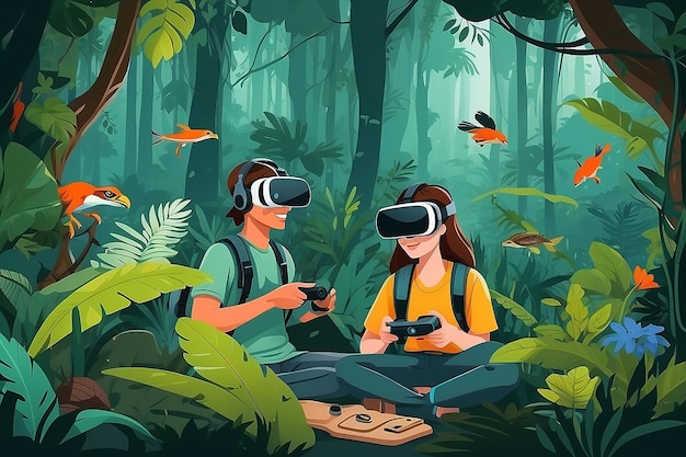 Criar uma imagem de alunos usando fones de ouvido VR para explorar a biodiversidade dos ecossistemas da floresta tropical