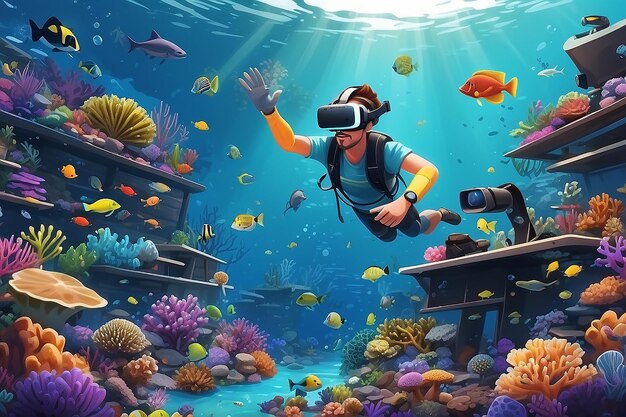 Foto criar uma imagem de alunos usando simulações de vr para explorar a biodiversidade dos ecossistemas de recifes de coral ilustração vetorial em estilo plano