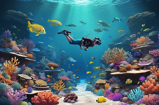 Foto criar uma imagem de alunos usando simulações de vr para explorar a biodiversidade dos ecossistemas de recifes de coral ilustração vetorial em estilo plano