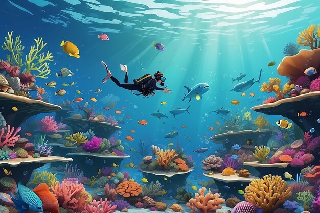 Foto criar uma imagem de alunos usando simulações de vr para explorar a biodiversidade dos ecossistemas de recifes de coral ilustração vetorial em estilo plano