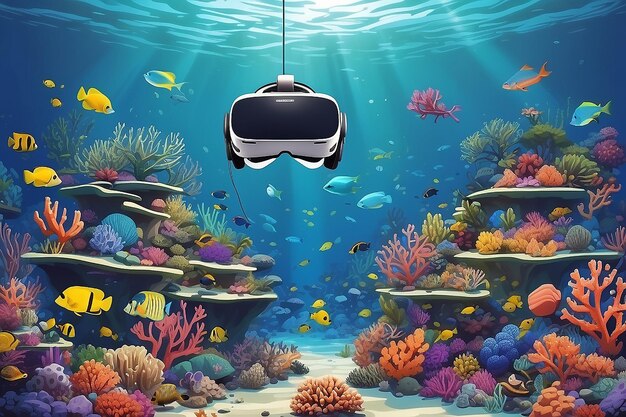 Criar uma imagem de alunos usando simulações de VR para explorar a biodiversidade dos ecossistemas de recifes de coral ilustração vetorial em estilo plano