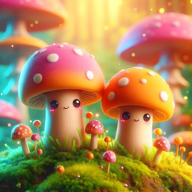 Foto criar uma imagem de dois cogumelos estilo kawaii com cores vibrantes no fundo