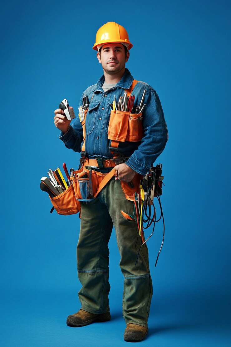 Foto criar uma imagem de um eletricista carregando algumas ferramentas e usando um chapéu duro em um fundo azul t