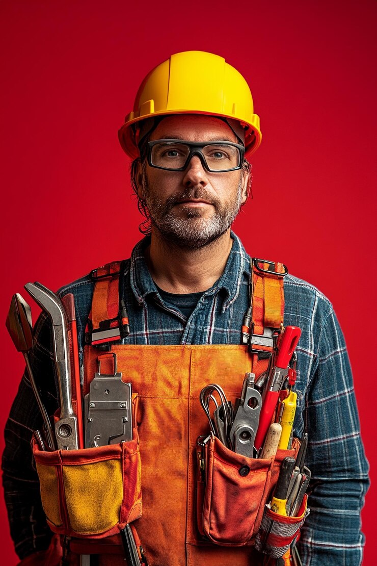 Foto criar uma imagem de um eletricista carregando algumas ferramentas e usando um chapéu duro em um fundo vermelho para