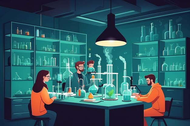 Foto criar uma imagem de um laboratório de química com alunos pesquisando soluções de energia sustentável ilustração vetorial em estilo plano