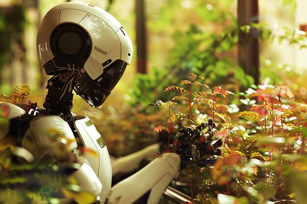 Foto criar uma imagem de um robô cuidando de um jardim
