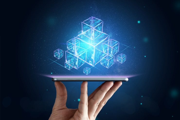 Foto criativo, abstrato, tecnologia blockchain, fundo ultravioleta