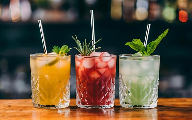 Criativo doce coquetéis de álcool exótico no fundo do bar três copos na mesa bebidas refrescantes com palhinhas