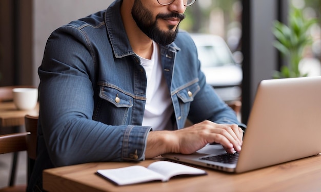 Foto criativo freelancer trabalha no café com laptop na mesa