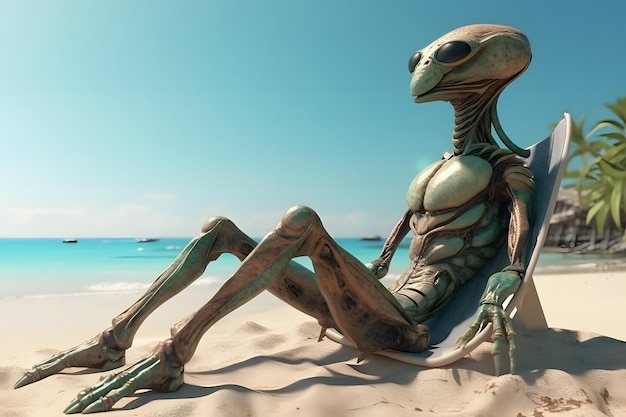 Criatura alienígena descansando en una playa de mar tropical en un caluroso día de verano Fantasía sobre tener un descanso alienígena estilo 3D Ai generativo