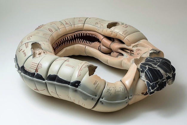 Una criatura alienígena diseccionada en forma circular con órganos visibles y un cuerpo segmentado