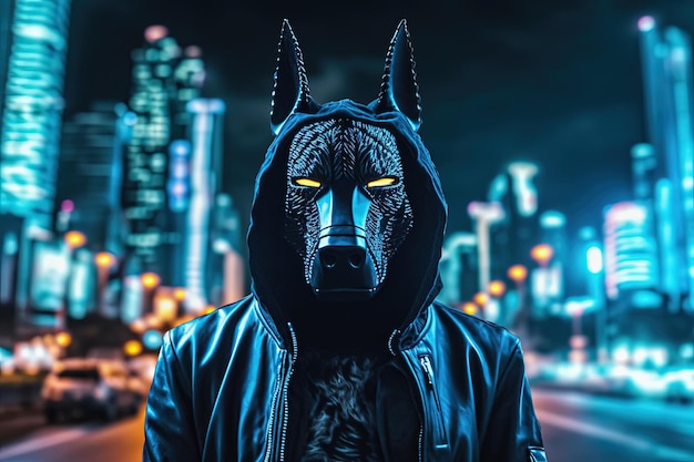 Criatura animal de ficção científica punk cibernética em cidade futurista iluminada por neon