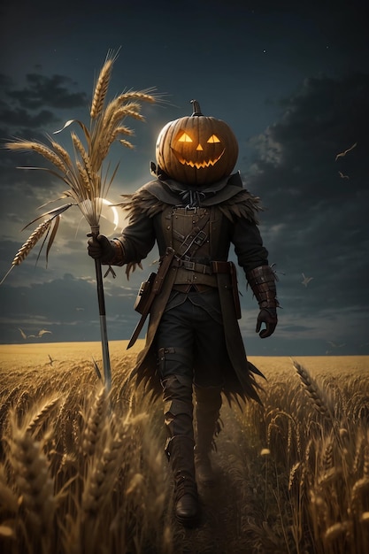Criatura de cabeça de abóbora de Halloween em um amplo campo de trigo com a lua em uma noite assustadora