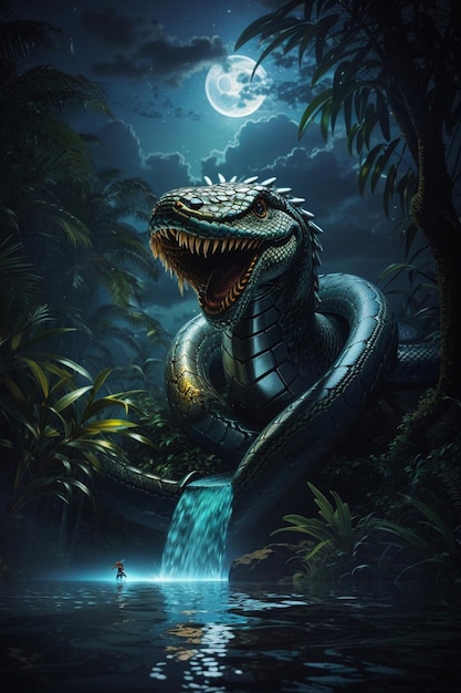 criatura de cobra gigante emergindo da água selva luz da lua pintura digital noturna