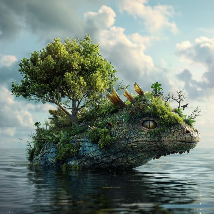 Foto criatura de fantasia como uma ilha no oceano