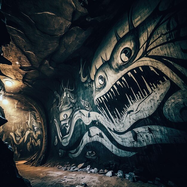 una criatura gigante con una boca grande está pintada en la pared