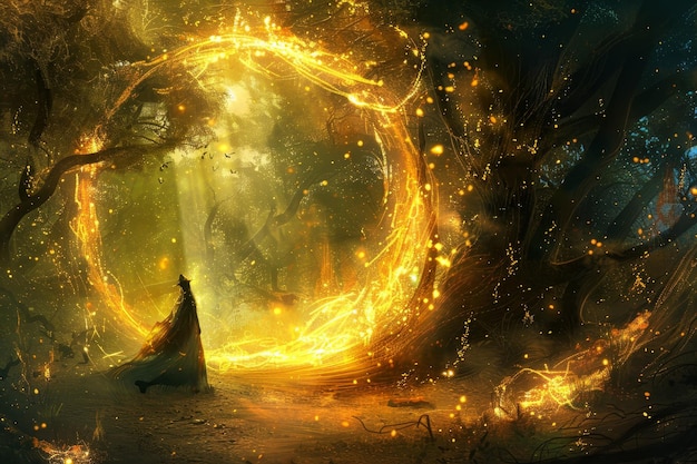 Una criatura mística se encuentra dentro de un halo dorado brillante en un bosque mágico un halo radiante que envuelve a una criatura mágica en un reino místico