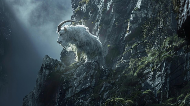 Una criatura mística mitad hombre y mitad cabra salta con gracia de un acantilado a otro en un peligroso acantilado