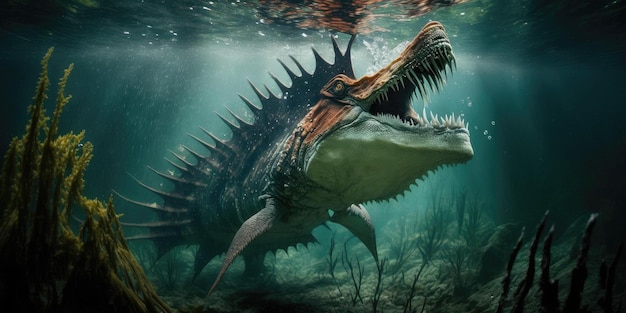 Criatura pré-histórica ou dinossauro na natureza selvagem Desenho de estilo realista