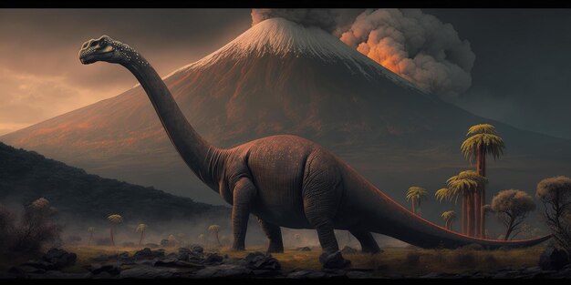 Foto criatura pré-histórica ou dinossauro na natureza selvagem desenho de estilo realista