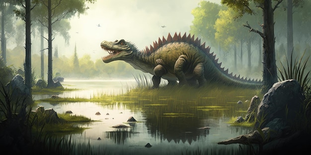 Criatura pré-histórica ou dinossauro na natureza selvagem Desenho de estilo realista