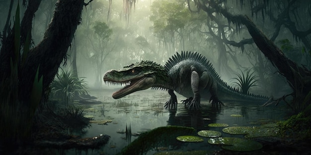 Criatura prehistórica o dinosaurio en la naturaleza salvaje Dibujo de estilo realista