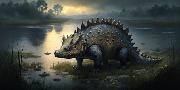 Criatura prehistórica o dinosaurio en la naturaleza salvaje Dibujo de estilo realista