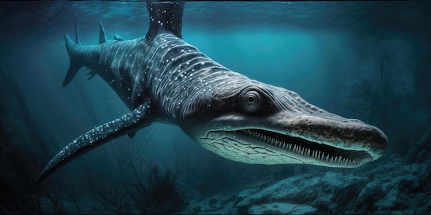 Criatura prehistórica submarina o dinosaurio nadando bajo el agua