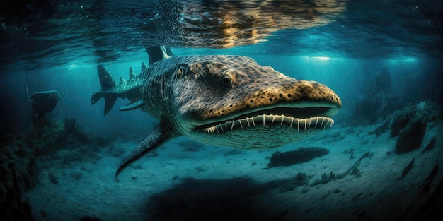 Criatura prehistórica submarina o dinosaurio nadando bajo el agua