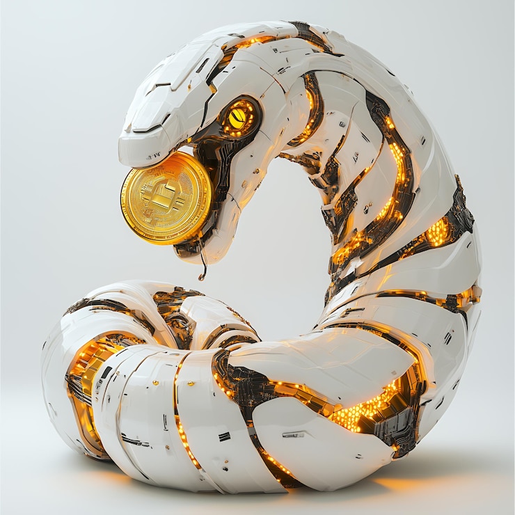 Foto una criatura robótica futurista parecida a una serpiente con elementos brillantes y una moneda en su boca