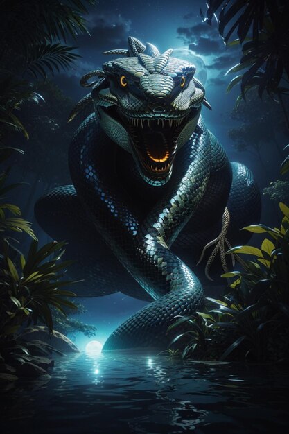 criatura de serpiente gigante que emerge de la agua jungla luz de la luna pintura digital nocturna