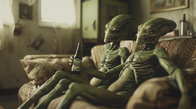 criaturas alienígenas descansando en un sofá y sosteniendo la bebida escena cinematográfica