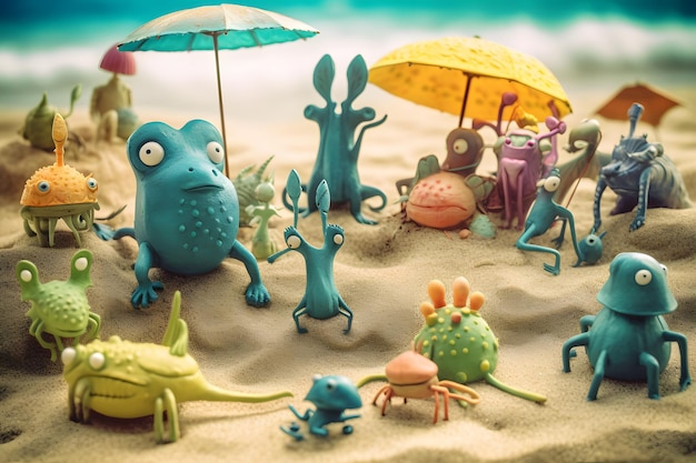 Criaturas alienígenas disfrutando de un día en la playa Criaturas alienígenas extrañas e imaginativas participan en diversas actividades en la playa Ai generativo