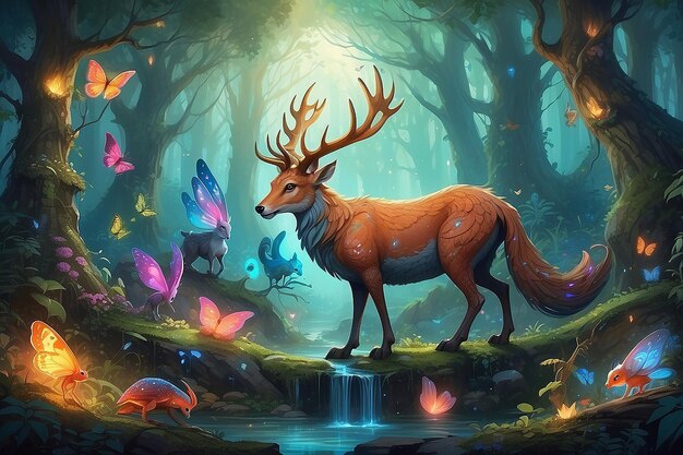 Foto criaturas de fantasia numa floresta mágica