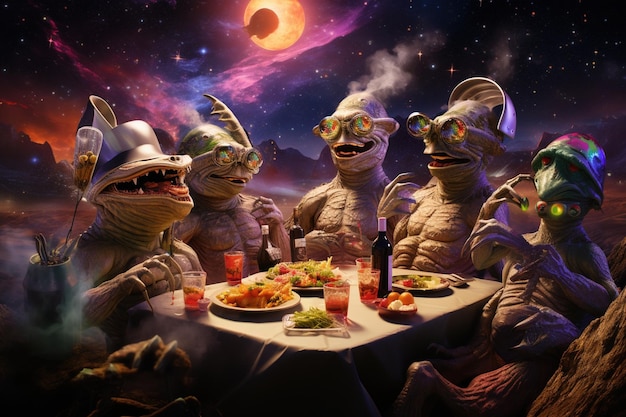 Criaturas extraterrestres desfrutando de um piquenique galáctico