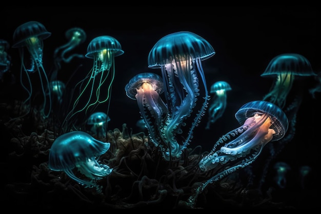 Criaturas marinhas bioluminescentes em IA geradora de oceano escuro