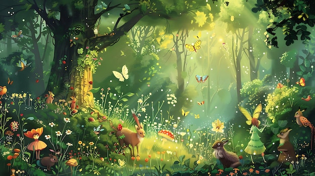 Criaturas místicas y animales se reúnen en un bosque iluminado por el sol una escena caprichosa y encantadora