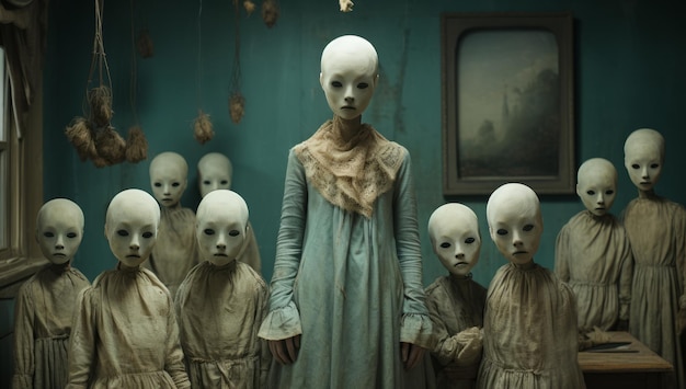 Foto criaturas perturbadoras de pesadelo reunidas em uma reunião familiar assustadora 12