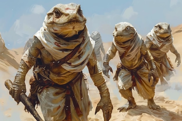 Criaturas reptilianas futuristas do deserto em trajes tradicionais do deserto com armas de ficção científica